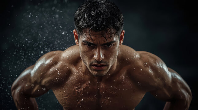 Athlete sweat exercise muscular man training intensely with determination and water spray dark