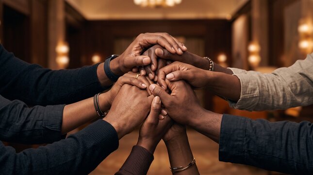 Diverse group of adults forming unity hand gesture in warm indoor setting with copy space