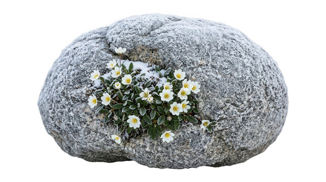 A rugged stone surface covered in a light layer of snow, showcasing a cluster of delicate white flowers that thrive despite the harsh winter conditions, symbolizing resilience and natural beauty