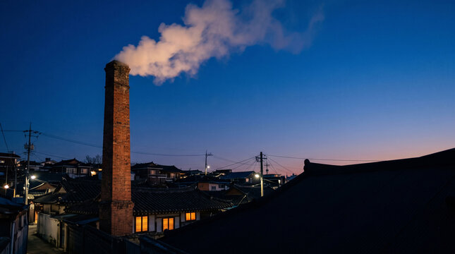 Old brick bathhouse chimney with steam over Korean neighborhood rooftops at winter blue hour