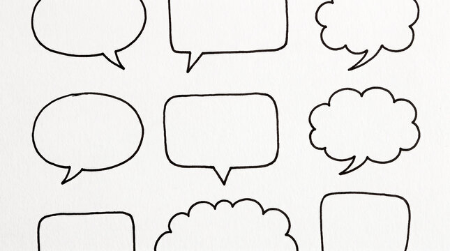 Handdrawn black empty speech bubbles for creative designs, presentations, graphic novels, storyboards, comic strips, social media, and classroom activities.