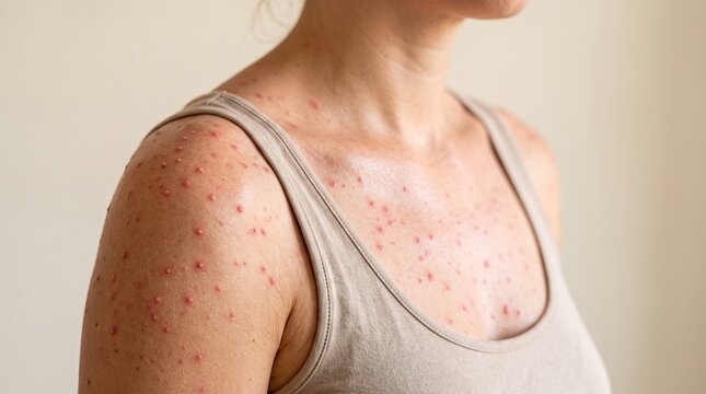 Woman Suffering from Acute Polymorphous Light Eruption and Sun Allergy Rash on Chest