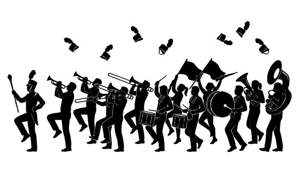Marching Band Musicians Playing Instruments with Flying Hats Black Silhouette Vector