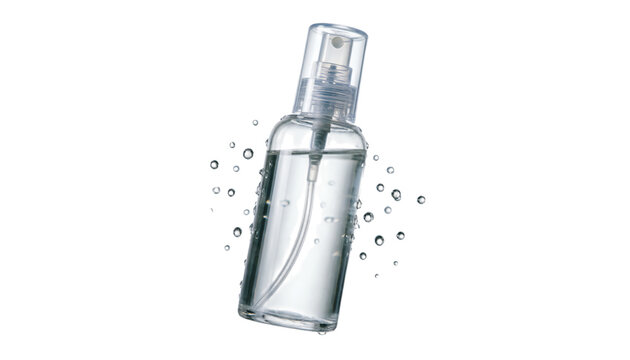 Spray bottle with liquid droplets falling isolated on transparent background