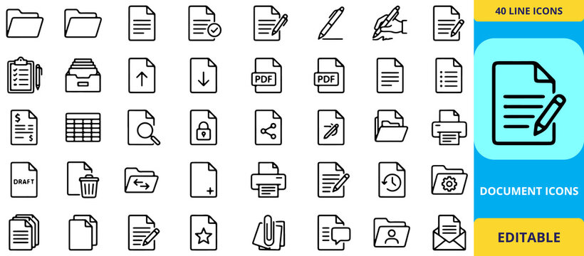 Flat design icons set showcasing document file editing symbols for digital document