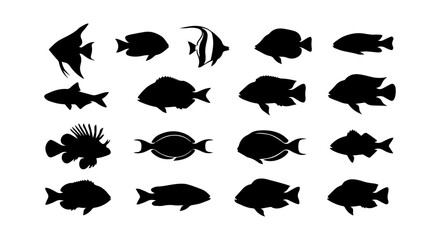 Fototapeta premium Vector Silhouette Fish Collection: Marine Life Icons, Aquatic Animals, Underwater Creatures, Seafood Design Elements