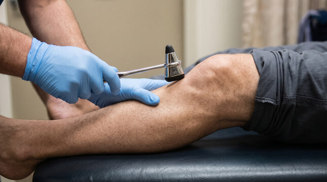 A doctor in blue gloves uses reflex hammer to check knee reflexes of a male patient during neurological examination.