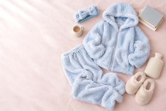 冬のあったかルームウェアとリラックスアイテムのフラットレイ｜パーカー、パンツ、スリッパ、ヘアバンド、マグカップ、本、湯たんぽ