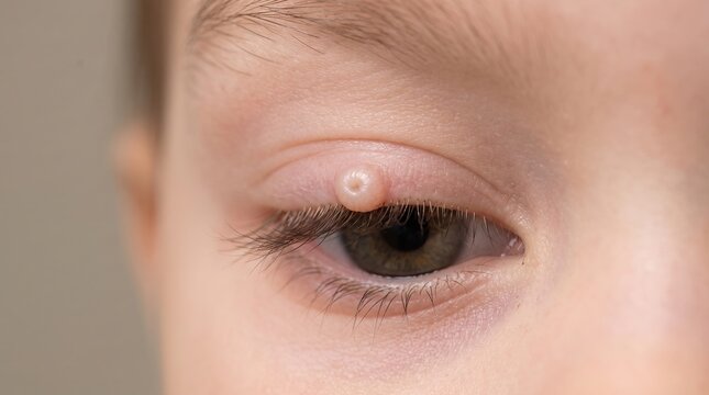 Detailed Macro of Molluscum Contagiosum Viral Papule with Central Umbilication on Child Eyelid