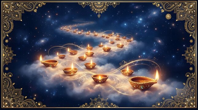 A magical path of glowing traditional oil lamps floating on soft clouds against a dark starry sky