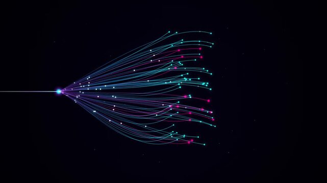 Abstract digital network connection with glowing particles and lines, representing data flow, artificial intelligence, and futuristic technology concept 4k video animation