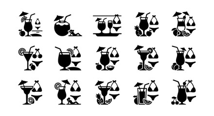 Fototapeta premium Summer Beach Icons, Tropical Drinks & Swimwear Vector Set: 15 Elements for Vacation Graphics