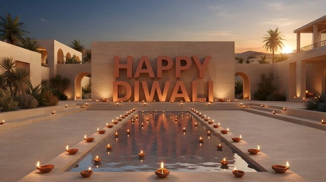 Beautiful outdoor courtyard decorated with glowing candles and happy diwali signage during a warm golden sunset