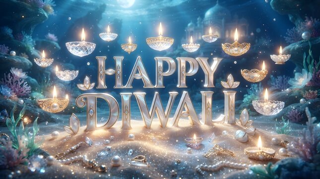 Elegant happy diwali greeting card design with glowing oil lamps and metallic text on a dark background