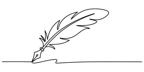Continuous single line drawing of a feather quill pen writing on paper for creative writing concept isolated on transparent background, Vector © Alfarca Drim 