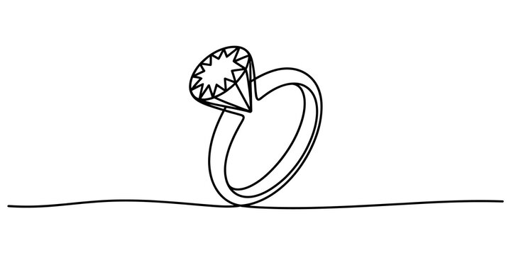 Continuous single line drawing of an elegant diamond engagement ring with a large gemstone stone for wedding or anniversary celebration minimalist art isolated on transparent background, Vector