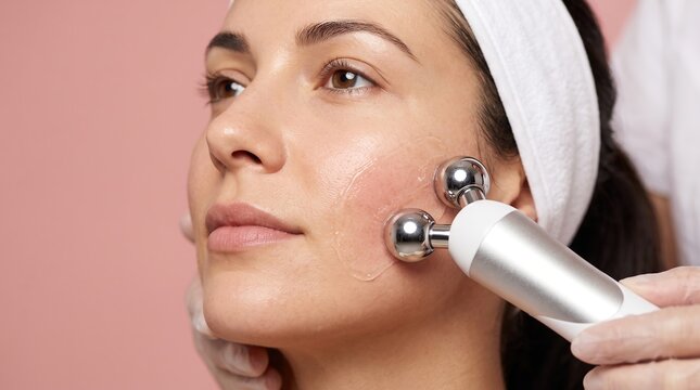 Woman Receiving Microcurrent Facial Lifting Therapy with Double Ball Roller in Aesthetic Clinic