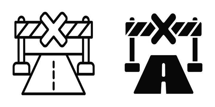 Roadblock icon featuring line art, bold outline, and silhouette designs, representing road closures, traffic restrictions, construction barriers, safety warnings, and blocked routes.