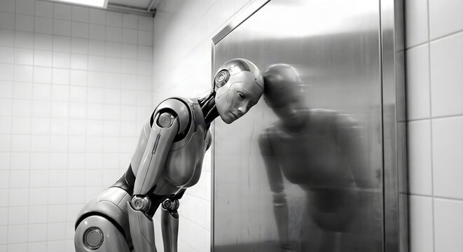 Depressed Female Humanoid Robot Leaning Head Against Metal Wall