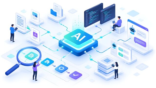 Artificial Intelligence system processing data and interacting with users through chatbots and digital interfaces illustrating AI workflow and automation.