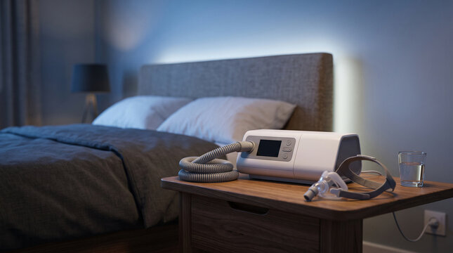 Modern cpap machine with mask on bedside table provides sleep apnea therapy in dark bedroom setting with blue ambient lighting.