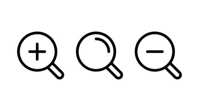 Set of three simple line icons representing zoom in, zoom out, and search functions with magnifying glasses on a white background.