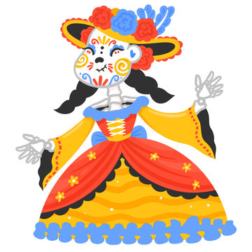 Smiling Female Skeleton La Catrina Wearing Colorful Traditional Mexican Dress and Hat Isolated on White Background for Day of the Dead Celebration