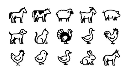 Fototapeta premium A collection of stylized black and white icons representing various farm animals, including a horse, cow, sheep, goat, pig, dog, cat, turkey, duck, rooster, chicken, chick, and donkey.