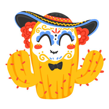 Cute Yellow Cactus Character with Sugar Skull Face Paint Wearing a Sombrero and Bow Tie for Mexican Day of the Dead Celebration Vector Illustration