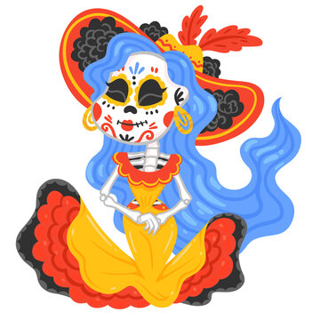 Day of the Dead Female Skeleton Character in Traditional Mexican Dress and Ornate Hat for Dia de los Muertos Celebration Vector Illustration