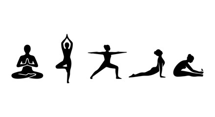 Fototapeta premium Yoga Poses Silhouettes, Meditation & Fitness Icons, Wellness & Health Vector Set