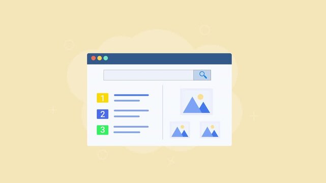 Flat vector animation showing search engine image rankings with numbered results, search bar, and image thumbnails on a soft yellow background.