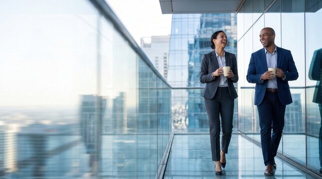 Diverse business professionals laughing while walking on a modern office balcony with coffee, capturing corporate success and positive work culture for human resources marketing.