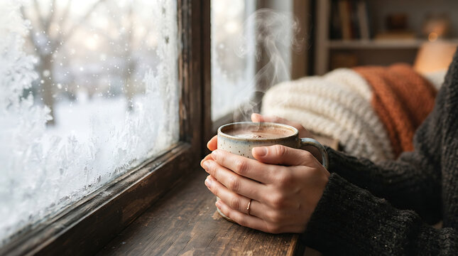 Woman's hands holding a steaming hot cup of coffee by a frosty window in winter