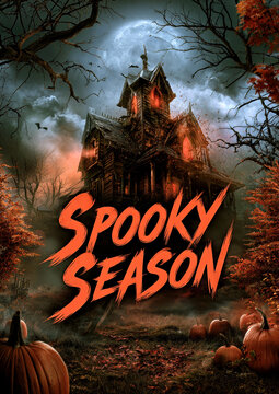 A dark, mysterious house looms under a full moon, with glowing windows and shadows of bats flying. Pumpkins dot the ground, welcoming the strange aura of the spooky season.
