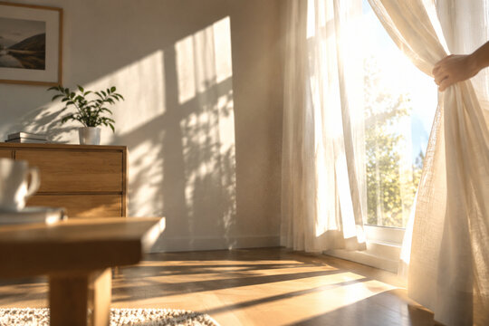 Sunlit interior with sharp shadows from an opened curtain.