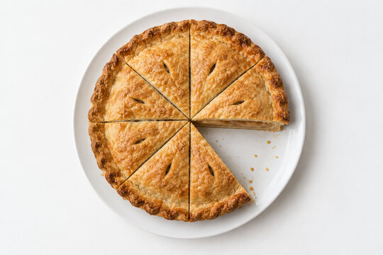 Whole pie divided into equal slices with one removed, fractions and math learning concept