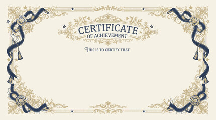 Fototapeta premium Elegant Certificate of Achievement Border with Navy Blue Ribbons and Gold Ornate Details