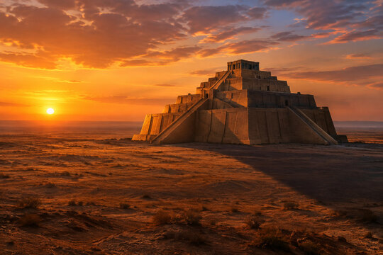 An ancient ziggurat on a desert plain at dusk, casting a long shadow under a warm sunset.