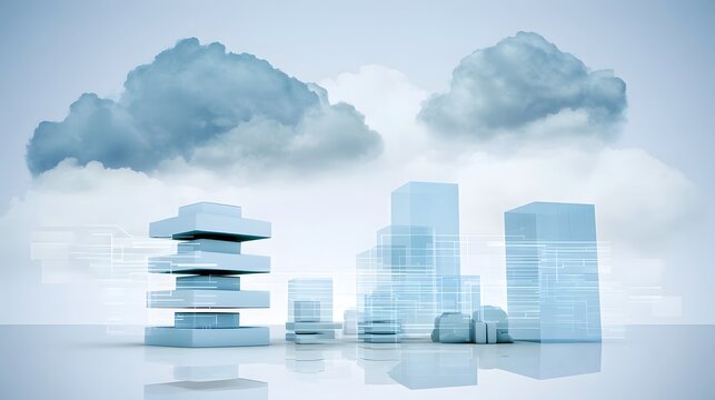 Modern digital architecture with layered cloud computing structures and abstract cityscape under soft sky clouds