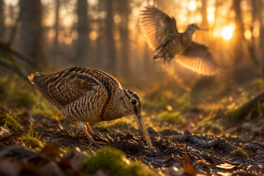 Woodcock in forest clearing during golden hour, long beak probing soil with soft focus background.