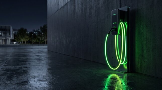 Electric vehicle charging cable beside a modern charging station illuminated with acid green neon, futuristic sustainable mobility infrastructure with empty space