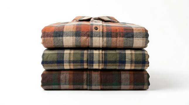 Three folded plaid flannel shirts stacked on white background