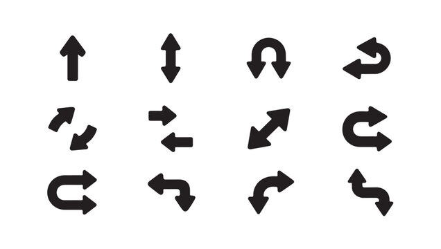 Collection of black curved and U-turn arrow icons for navigation, loops, and direction changes on transparent background.