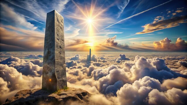 A majestic granite monolith rises into wispy clouds symbolizing unbridled imagination and innovative ascension to sublime heights