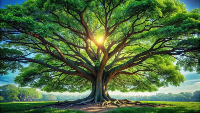 A majestic green tree with sprawling branches stretching towards the sky symbolizes prosperity and business success forever