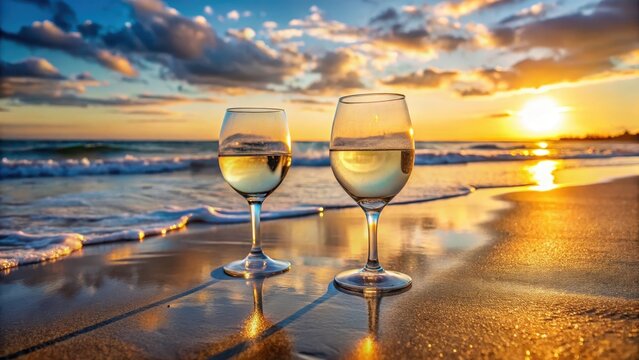 White wine glasses on sandy beach reflecting sunset create a serene and idyllic scene of ultimate relaxation blissfully