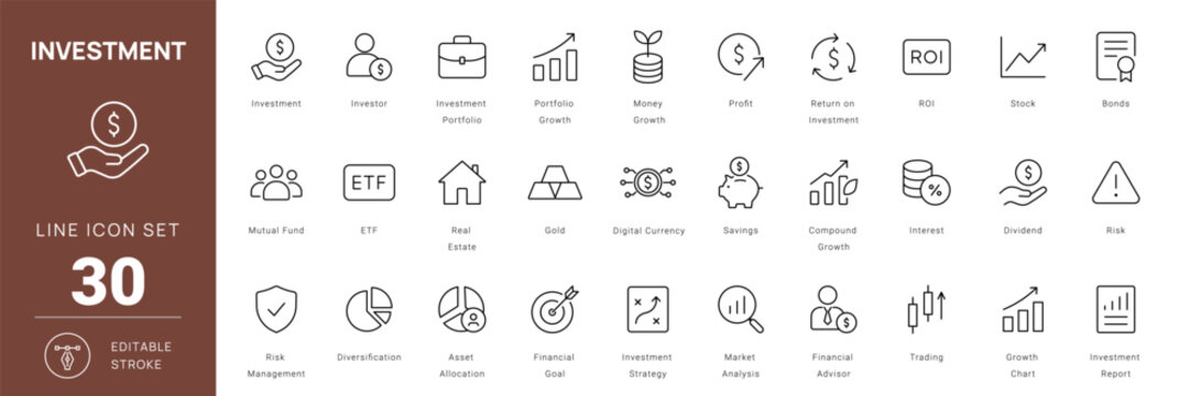 Investment and Finance Line Icon Vector Set Editable Stroke