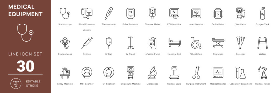 Medical Equipment Healthcare Hospital Line Icon Vector Set Editable Stroke