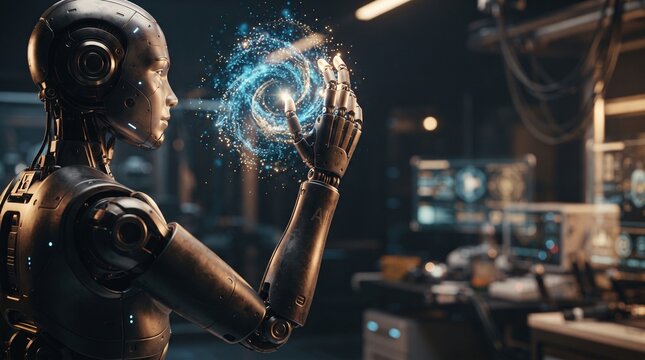 Bronze humanoid AI robot in profile holding a glowing swirling galaxy of data particles in a warm dark workshop, artificial intelligence concept